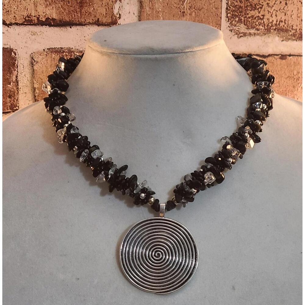 Boho Black & Glass Chip Necklace  Snake Clasp Hypnotic Spiral Pendant Statement